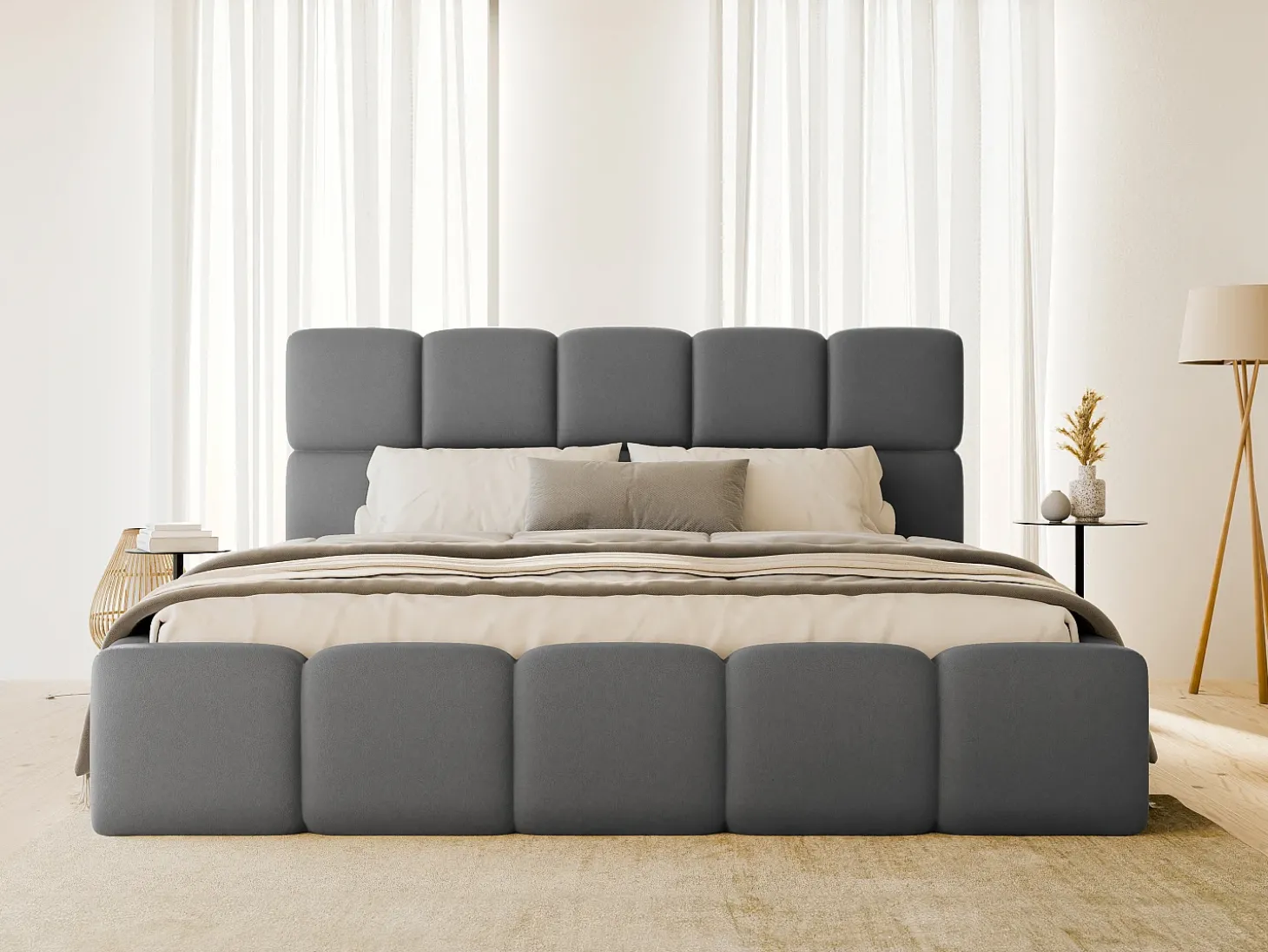 Cama com arrumação 160x200 cm tecido efeito pele cinza + colchão DAMADO de Pascal Morabito