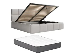 Cama com arrumação 160x200 cm tecido matizado cinza-claro DAMADO Pascal Morabito + colchão