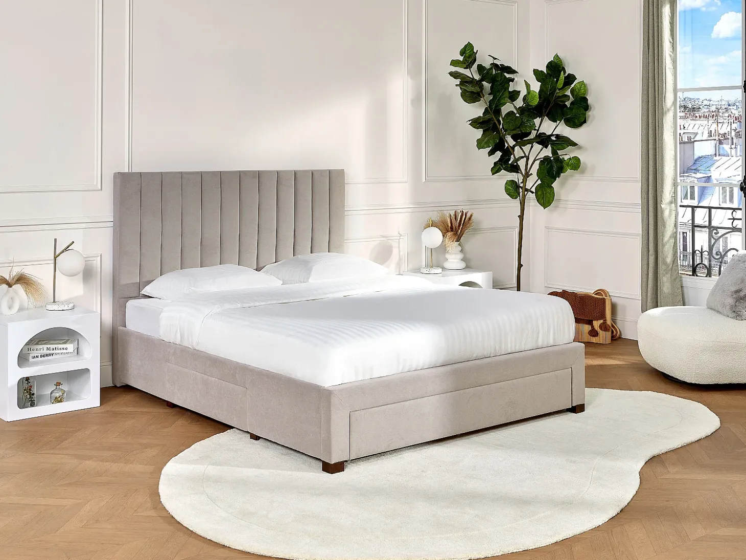 Cama com arrumação 140x200 cm tecido bege com colchão - LIAKO