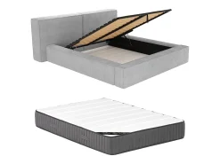 Cama com arrumação 200x200 cm veludo canelado bege + colchão - TIMANO