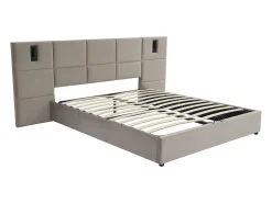 Cama com arrumação 160x200cm cabeceira e candeeiro integrado veludo taupe + colchão SARETO