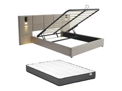 Cama com arrumação 160x200cm cabeceira e candeeiro integrado veludo taupe + colchão SARETO