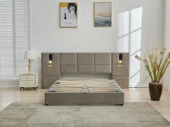 Cama com arrumação 180x200cm cabeceira e candeeiro integrado veludo taupe + colchão SARETO