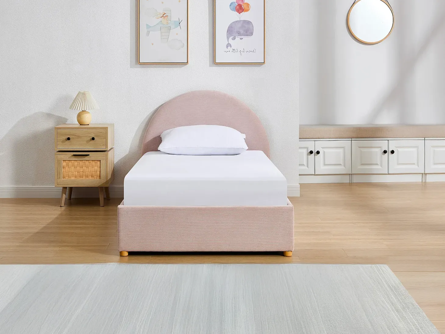 Cama com baú 90 x 190 cm em veludo cotelê cor rosa - LIRIMO