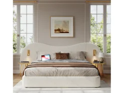Cama com baú estofada 180x200 cm - con USB e lâmpada de leitura - Tecido bouclé - Branco​ (sem colchão)