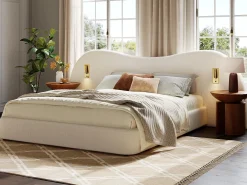 Cama com baú estofada 180x200 cm - con USB e lâmpada de leitura - Tecido bouclé - Branco​ (sem colchão)