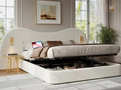 Cama com baú estofada 180x200 cm - con USB e lâmpada de leitura - Tecido bouclé - Branco​ (sem colchão)