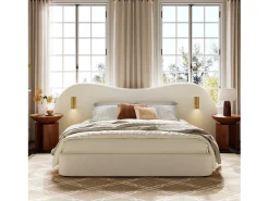 Cama com baú estofada 180x200 cm - con USB e lâmpada de leitura - Tecido bouclé - Branco​ (sem colchão)