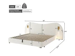 Cama com baú estofada 180x200 cm - con USB e lâmpada de leitura - Tecido bouclé - Branco​ (sem colchão)