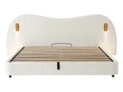 Cama com baú estofada 180x200 cm - con USB e lâmpada de leitura - Tecido bouclé - Branco​ (sem colchão)