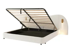 Cama com baú estofada 180x200 cm - con USB e lâmpada de leitura - Tecido bouclé - Branco​ (sem colchão)