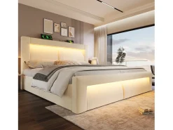 Cama com baú estofada 180x200cm - con iluminação LED - con portas USB e Type-C - veludo - Bege​ (sem colchão)