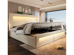 Cama com baú estofada 180x200cm - con iluminação LED - con portas USB e Type-C - veludo - Bege​ (sem colchão)