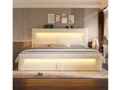 Cama com baú estofada 180x200cm - con iluminação LED - con portas USB e Type-C - veludo - Bege​ (sem colchão)