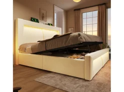 Cama com baú estofada 180x200cm - con iluminação LED - con portas USB e Type-C - veludo - Bege​ (sem colchão)