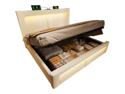 Cama com baú estofada 180x200cm - con iluminação LED - con portas USB e Type-C - veludo - Bege​ (sem colchão)