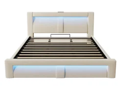 Cama com baú estofada 180x200cm - con iluminação LED - con portas USB e Type-C - veludo - Bege​ (sem colchão)