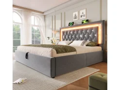Cama com baú estofada 140x200cm de veludo - com iluminação LED - com portas USB e Tipo-C - com somier de ripas - Cinza​ (sem colchão)