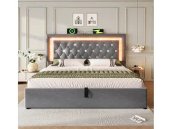 Cama com baú estofada 140x200cm de veludo - com iluminação LED - com portas USB e Tipo-C - com somier de ripas - Cinza​ (sem colchão)