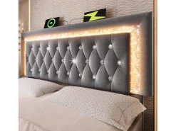 Cama com baú estofada 140x200cm de veludo - com iluminação LED - com portas USB e Tipo-C - com somier de ripas - Cinza​ (sem colchão)