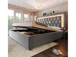 Cama com baú estofada 140x200cm de veludo - com iluminação LED - com portas USB e Tipo-C - com somier de ripas - Cinza​ (sem colchão)
