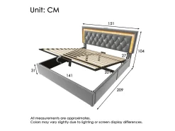 Cama com baú estofada 140x200cm de veludo - com iluminação LED - com portas USB e Tipo-C - com somier de ripas - Cinza​ (sem colchão)