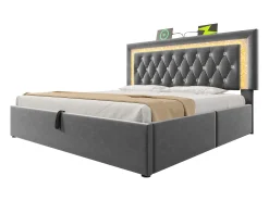 Cama com baú estofada 140x200cm de veludo - com iluminação LED - com portas USB e Tipo-C - com somier de ripas - Cinza​ (sem colchão)