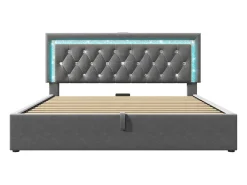 Cama com baú estofada 140x200cm de veludo - com iluminação LED - com portas USB e Tipo-C - com somier de ripas - Cinza​ (sem colchão)