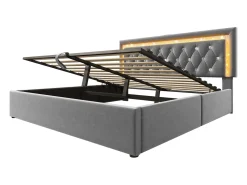 Cama com baú estofada 140x200cm de veludo - com iluminação LED - com portas USB e Tipo-C - com somier de ripas - Cinza​ (sem colchão)