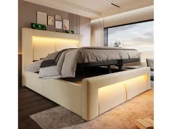 Cama com baú estofada 90x200cm - con iluminação LED - con portas USB e Type-C - veludo - Bege​ (sem colchão)
