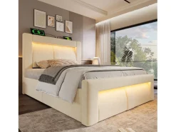 Cama com baú estofada 90x200cm - con iluminação LED - con portas USB e Type-C - veludo - Bege​ (sem colchão)