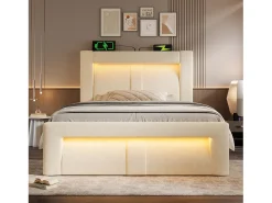 Cama com baú estofada 90x200cm - con iluminação LED - con portas USB e Type-C - veludo - Bege​ (sem colchão)