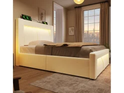 Cama com baú estofada 90x200cm - con iluminação LED - con portas USB e Type-C - veludo - Bege​ (sem colchão)