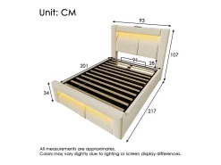 Cama com baú estofada 90x200cm - con iluminação LED - con portas USB e Type-C - veludo - Bege​ (sem colchão)