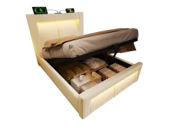 Cama com baú estofada 90x200cm - con iluminação LED - con portas USB e Type-C - veludo - Bege​ (sem colchão)