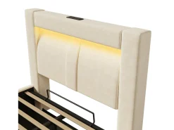 Cama com baú estofada 90x200cm - con iluminação LED - con portas USB e Type-C - veludo - Bege​ (sem colchão)