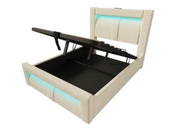 Cama com baú estofada 90x200cm - con iluminação LED - con portas USB e Type-C - veludo - Bege​ (sem colchão)