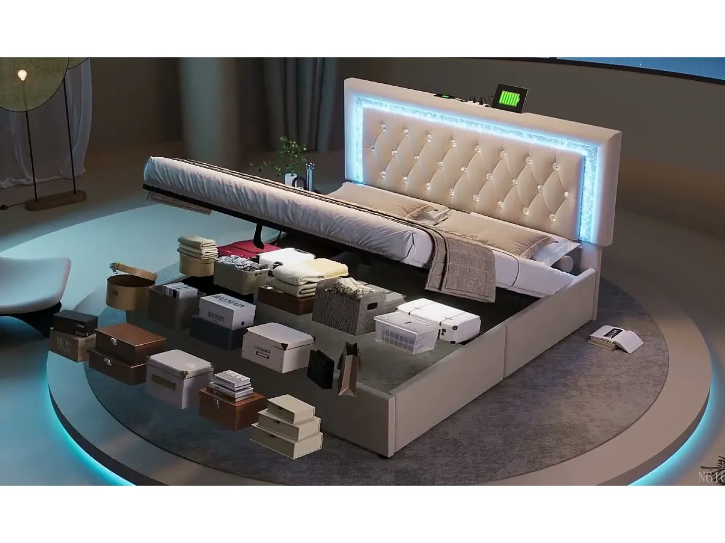 Cama com baú estofada 90x200cm de veludo - com iluminação LED - com portas USB e Tipo-C - com somier de ripas - Cinza (sem colchão)