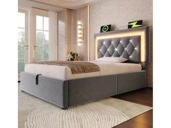 Cama com baú estofada 90x200cm de veludo - com iluminação LED - com portas USB e Tipo-C - com somier de ripas - Cinza​ (sem colchão)