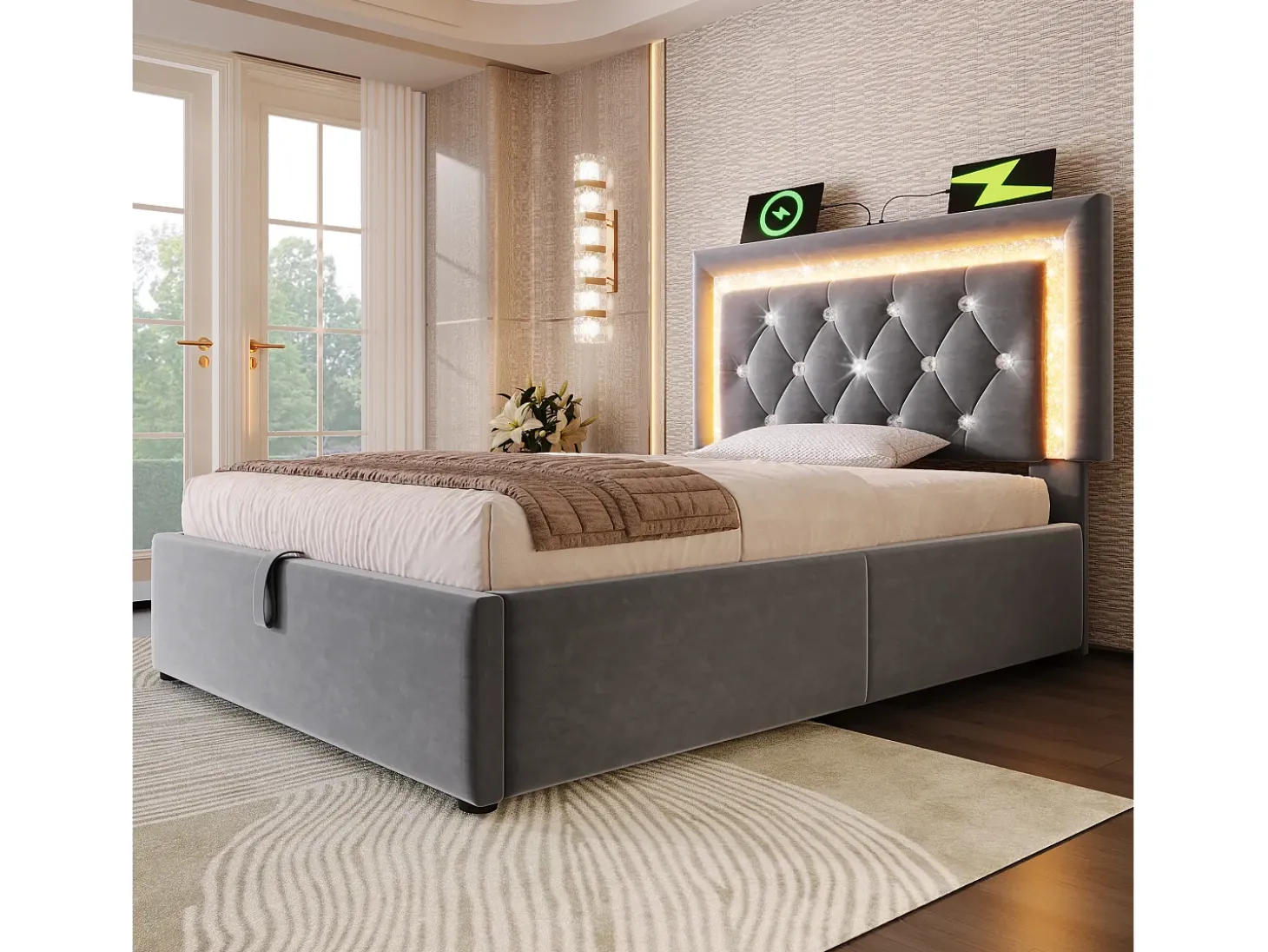 Cama com baú estofada 90x200cm de veludo - com iluminação LED - com portas USB e Tipo-C - com somier de ripas - Cinza (sem colchão)