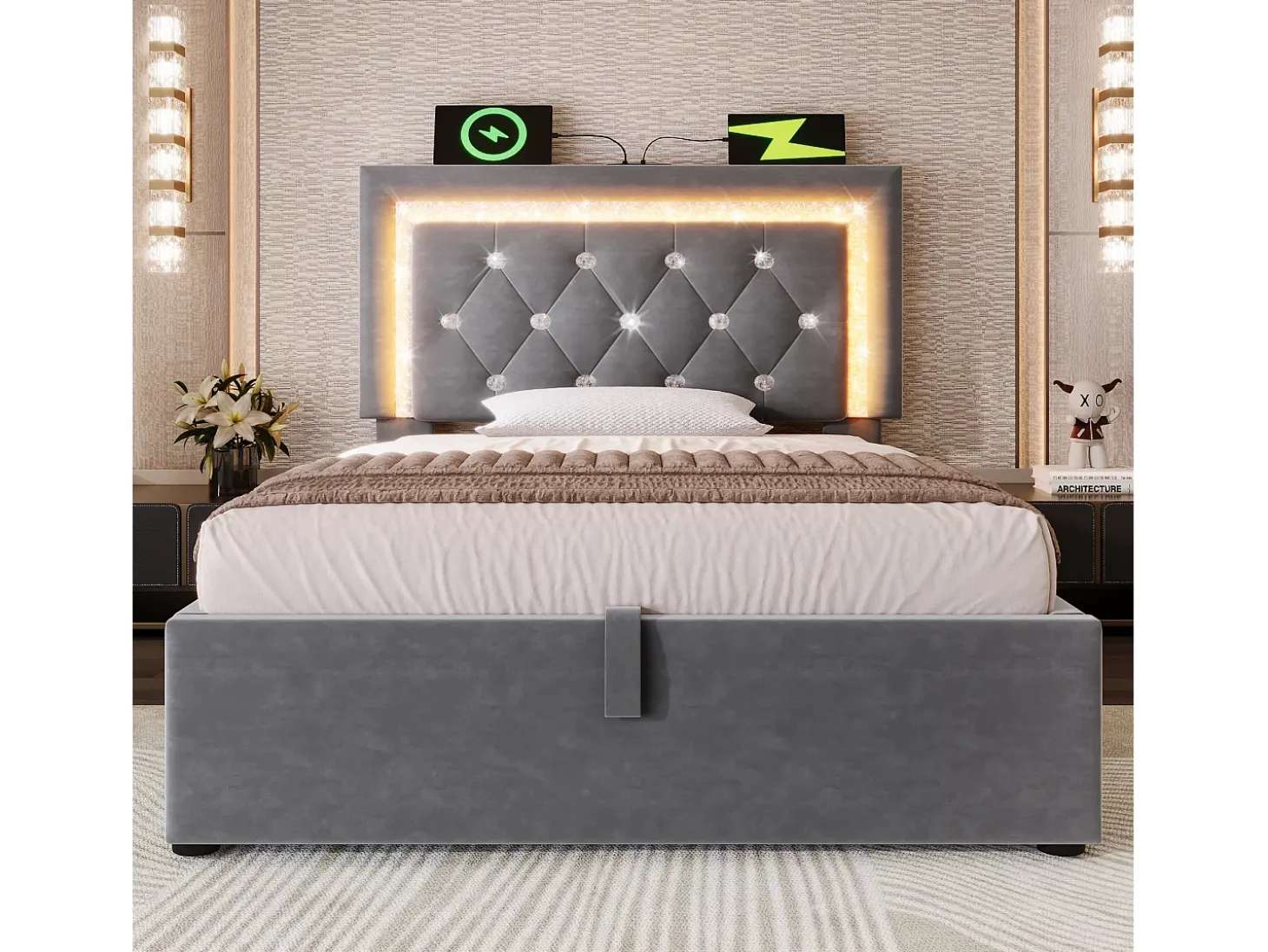 Cama com baú estofada 90x200cm de veludo - com iluminação LED - com portas USB e Tipo-C - com somier de ripas - Cinza (sem colchão)
