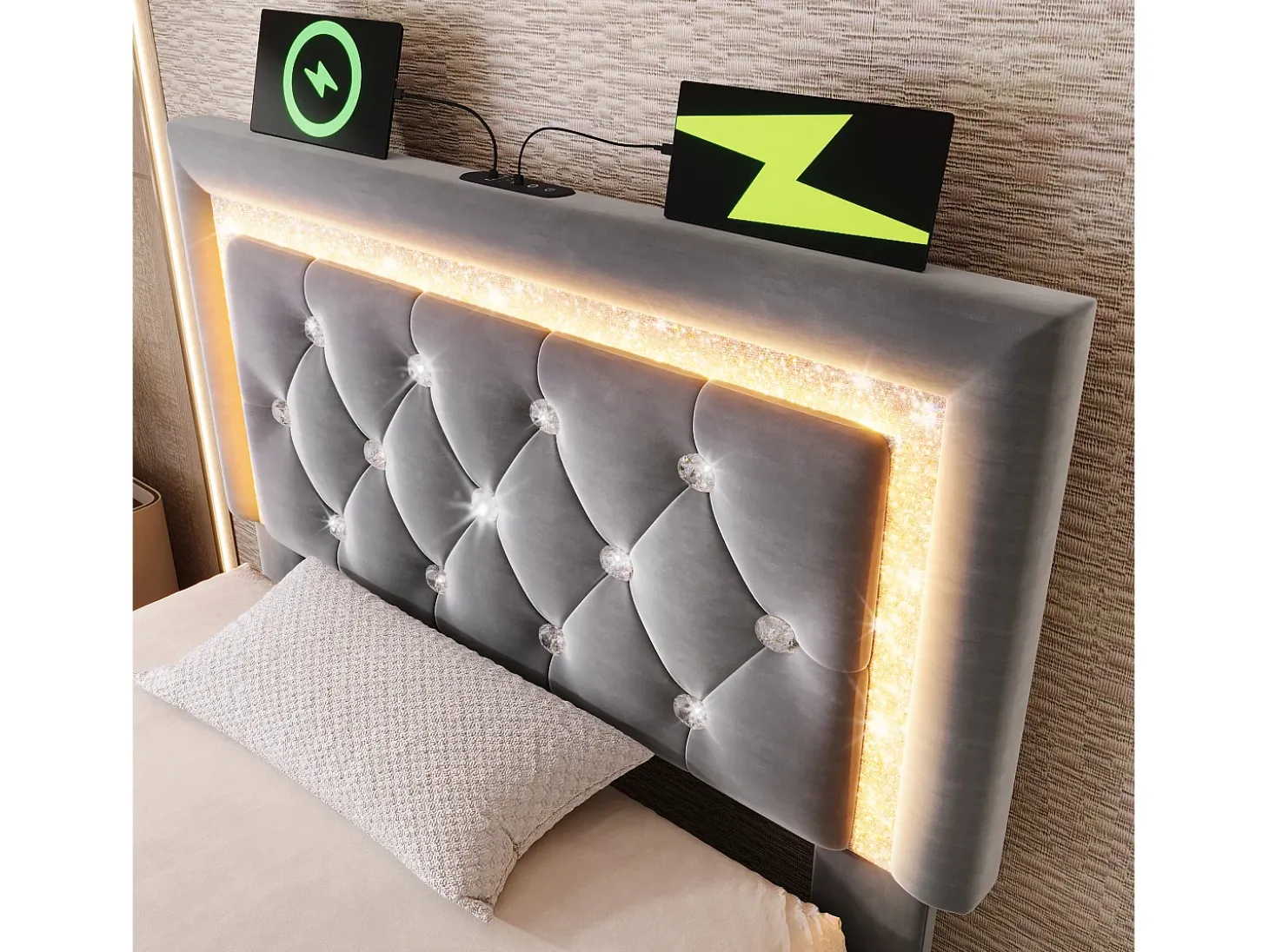 Cama com baú estofada 90x200cm de veludo - com iluminação LED - com portas USB e Tipo-C - com somier de ripas - Cinza (sem colchão)