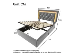 Cama com baú estofada 90x200cm de veludo - com iluminação LED - com portas USB e Tipo-C - com somier de ripas - Cinza (sem colchão)
