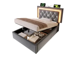 Cama com baú estofada 90x200cm de veludo - com iluminação LED - com portas USB e Tipo-C - com somier de ripas - Cinza (sem colchão)