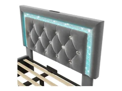 Cama com baú estofada 90x200cm de veludo - com iluminação LED - com portas USB e Tipo-C - com somier de ripas - Cinza (sem colchão)