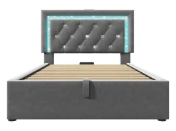 Cama com baú estofada 90x200cm de veludo - com iluminação LED - com portas USB e Tipo-C - com somier de ripas - Cinza (sem colchão)