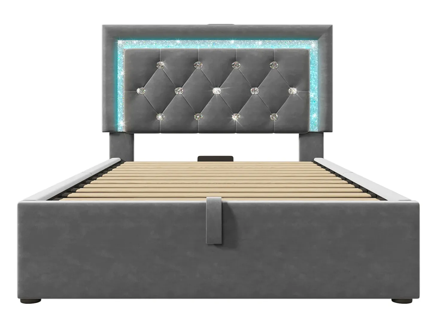 Cama com baú estofada 90x200cm de veludo - com iluminação LED - com portas USB e Tipo-C - com somier de ripas - Cinza (sem colchão)