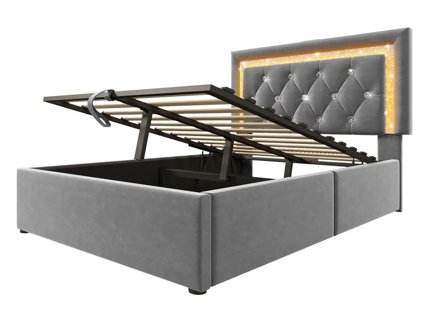 Cama com baú estofada 90x200cm de veludo - com iluminação LED - com portas USB e Tipo-C - com somier de ripas - Cinza (sem colchão)
