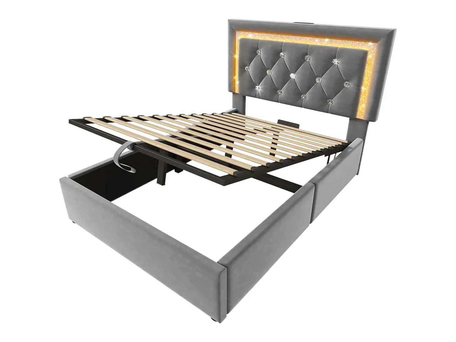 Cama com baú estofada 90x200cm de veludo - com iluminação LED - com portas USB e Tipo-C - com somier de ripas - Cinza (sem colchão)