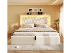 Cama com baú estofada 180x200cm de veludo - com iluminação LED - com portas USB e Tipo-C - com somier de ripas - Bege (sem colchão)